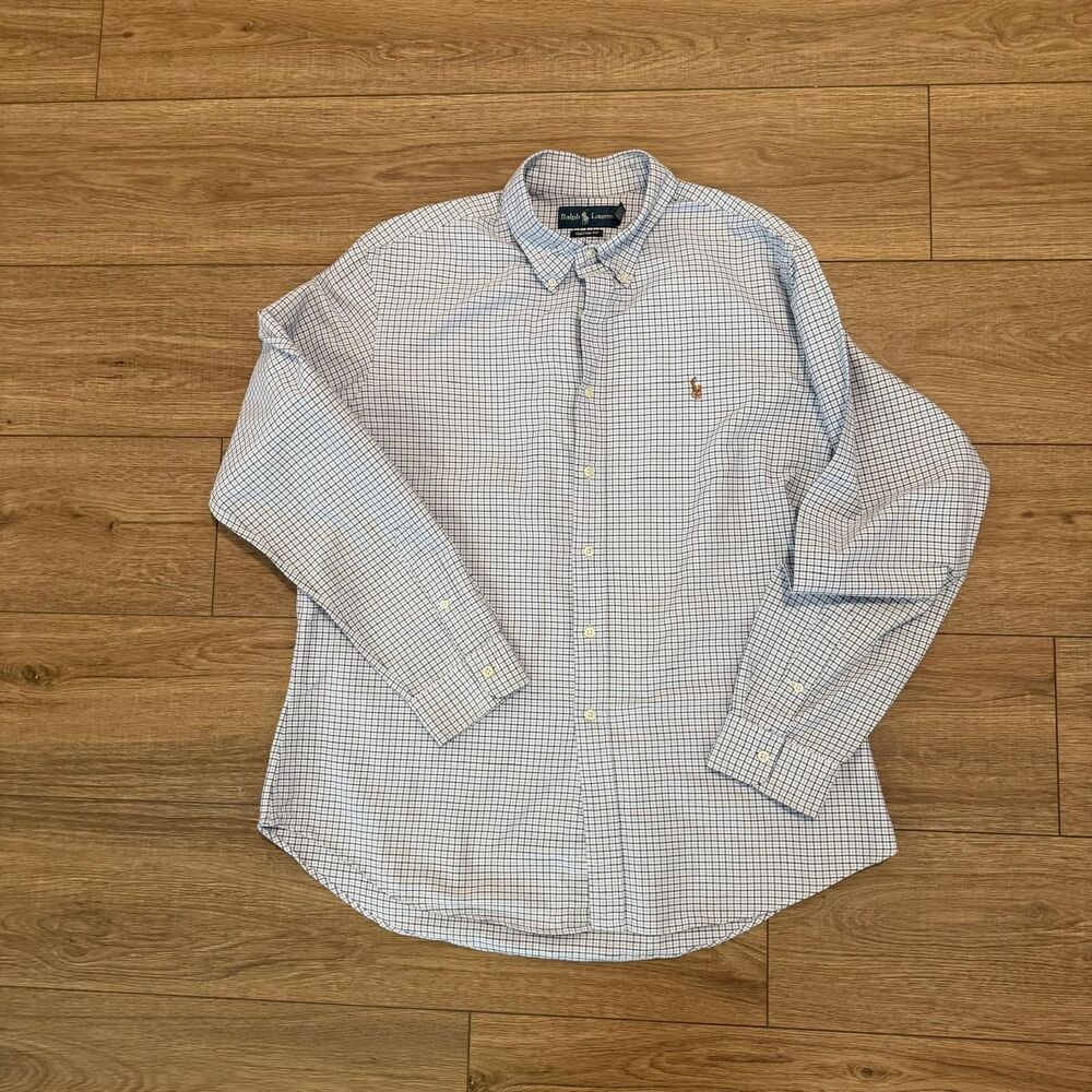 Ralph Lauren Men's Long Sleeve Button Down Shirt White Blue Micro Check Plaid